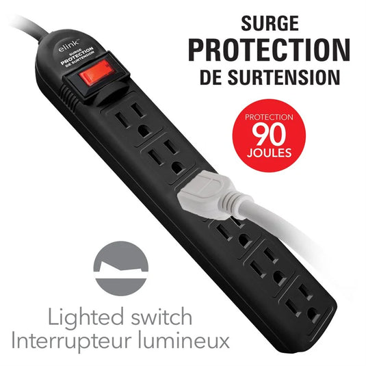 2 FT. 6-OUTLET POWER STRIP WITH SURGE PROTECTION, BLACK