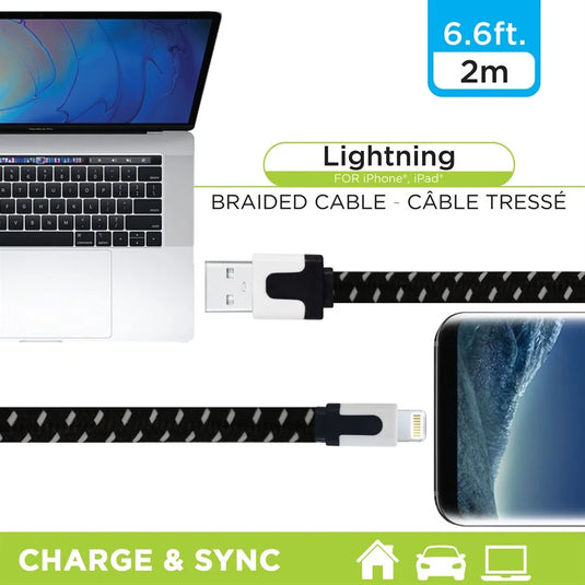 LIGHTNING TO USB BRAIDED CABLE; 6.6 FT; BLACK