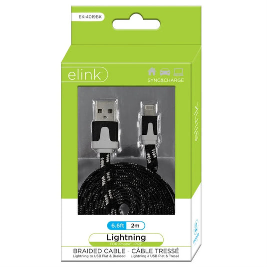 LIGHTNING TO USB BRAIDED CABLE; 6.6 FT; BLACK