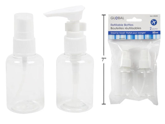 Global 2-pc 50ml Travel Bottles, 1 Pump+1 Spray, pbh(HZ) white lid