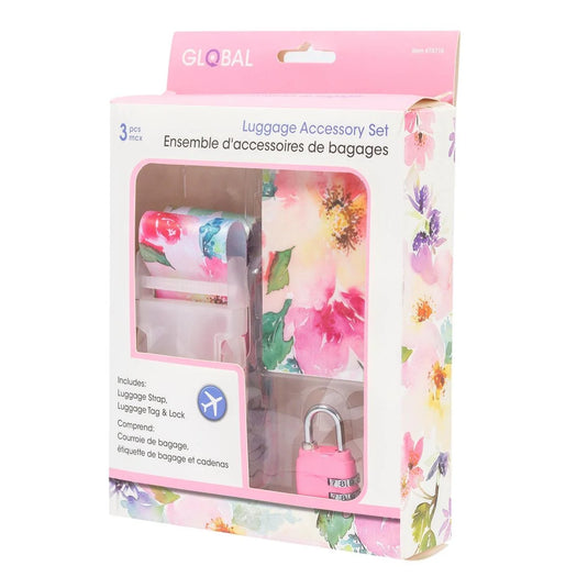 Global, 3pcs 'Floral' Luggage Set, lug.tag/strap/lock, col box