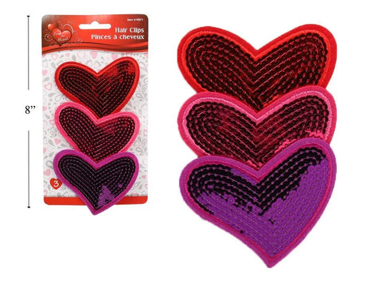V'tines 3pk Sequin Heart Hair Clips 3/c:Red/Pink/Purple, tie on card