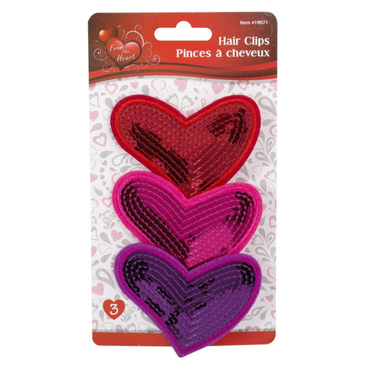 V'tines 3pk Sequin Heart Hair Clips 3/c:Red/Pink/Purple, tie on card