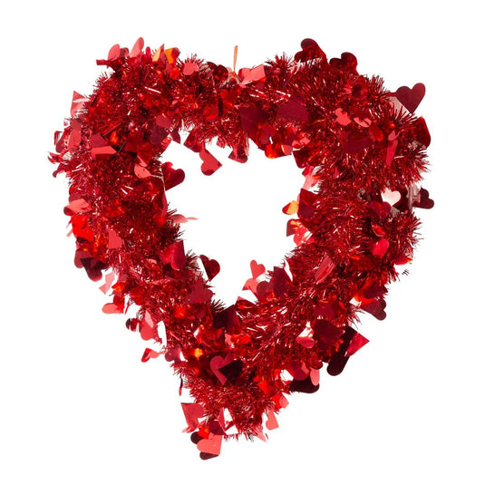 V'tines 17" Red Tinsel Heart Wreath Decor, hang tag