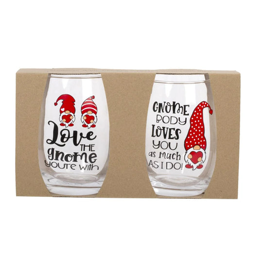 V'tines Gnome Set/2 16oz. Stemless Wine Glass Gift Set, window box