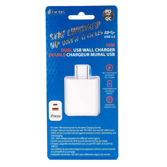 iFocus Dual PD+QC 18W USB Charger, WHT, 5V-12V/3A-1.5A shared power
