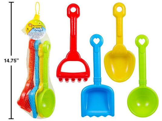 Sunny Dayz 4pcs 9.5"H Beach Tools Playset, net bag w/hangtag