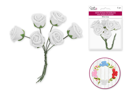 Floral Embell: 1" Mini Foam Rosebuds w/Paper Wire Stem D) White