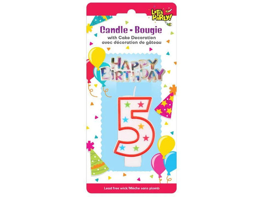 Let's Party #5 Birthday Candle set 8cmH, 6.5x3cm sign. b/c
