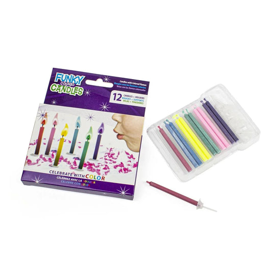 12-pcs Funky Colored Flame Candles w Holders, color box