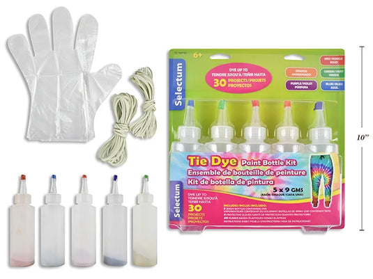 TIE DYE PAINT BOTTLE KIT 5 X 9 GMS EACH COLOR/PKG ASST COLOURS + 40 BANDS + 4 GLOVES ( 100ML EACH )