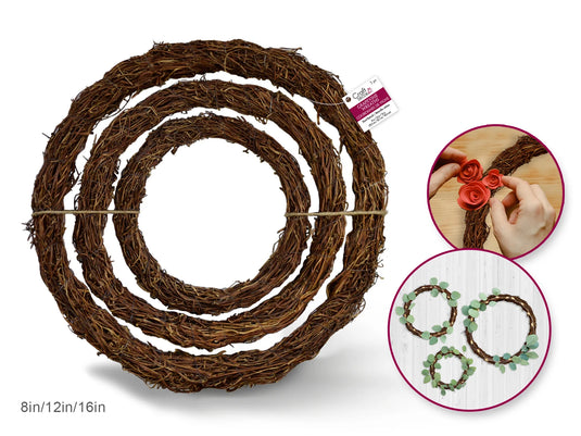 Craft Decor Dried Naturals: 8"/12"16" Grapevine Wreath Set