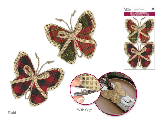Craft Decor: 8.8cmx10cm Burlap Butterflies x2 w/Clip + Burlap Ribbon B) Plaid