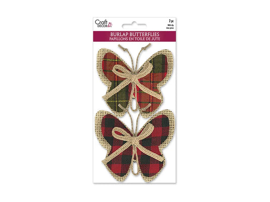 Craft Decor: 8.8cmx10cm Burlap Butterflies x2 w/Clip + Burlap Ribbon B) Plaid