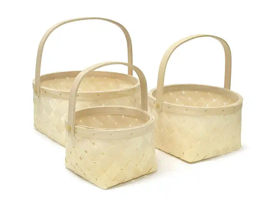 Wood Basket Set: Natural w/Handle 3/set A) Round