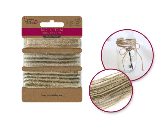 Craft Décor Ribbons: Natural Burlap Trim Multi-Pack 3yds (1yd x 3) A) Stranded Trims