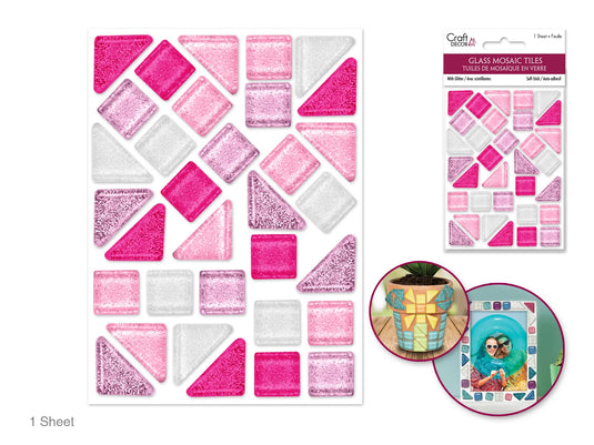 Craft Decor: Glitter Glass Mosaic Tiles 3.2x4.7" Self-Stick B) Pinks