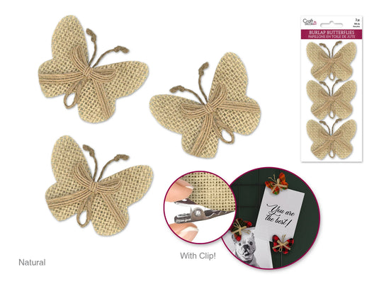 Craft Decor: 6cmx7.4cm Burlap Butterflies x3 w/Clip + Burlap Ribbon A) Natural