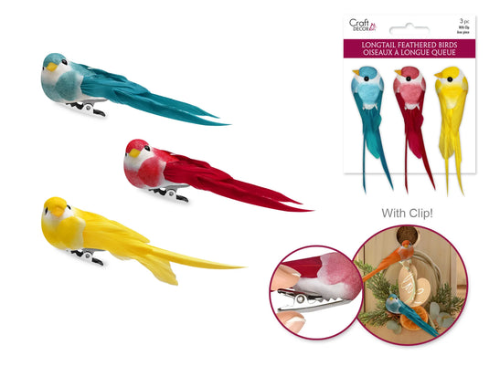 Craft Decor: 3.25" Mini Longtail Bird x3 w/Gator Clip A) Brights