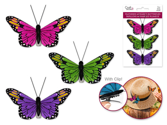 Craft Decor: 3.25"x1.75" Feathered Monarch Butterflies x3 w/Gator Clip A) Brights
