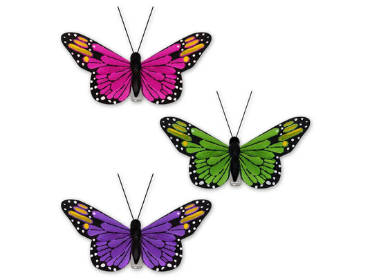 Craft Decor: 3.25"x1.75" Feathered Monarch Butterflies x3 w/Gator Clip A) Brights