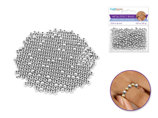 Metal Effect Beads: 6mm Luster Electroplated Round 30g C) Silver