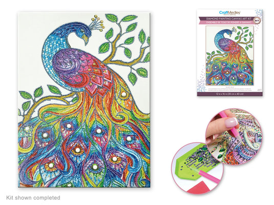 Craft Medley Kit: Diamond Painting Art Kit 12"x16" w/Gems+Tool+Tray H) Peacock