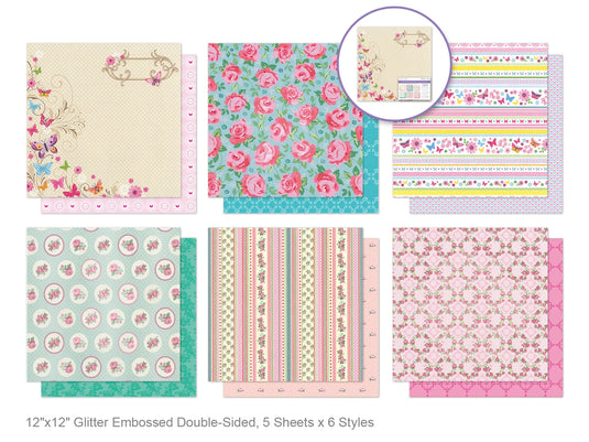 Cardstock: 12"x12" Glitter Embossed Dble-Sided 5eax6styles A) Butterfly & Floral