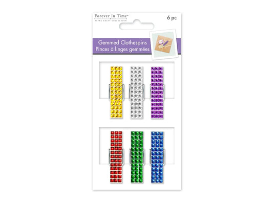 Paper Craft Emb: 1.8" Wood Deco Gemmed Clothespins x6 B) Bold
