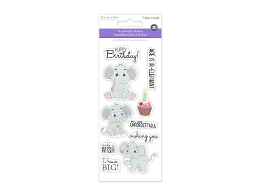 Handmade Sticker: 3D Glitter Cardstock Elements 250gsm I) Elephant Bday
