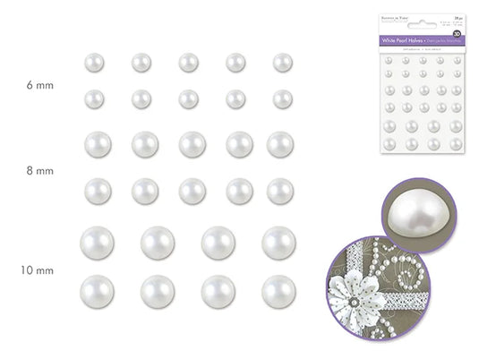 Paper Craft Emb: 6-10mm Pearl Halves x28 White Peel-n-Stick