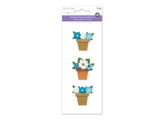 Floral Embellish: 3D Handmade Paper Flower Pots Self-Stick 3pc w/Pearls B) Touch of Blue