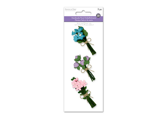 Floral Embellish: 3D Handmade Paper Floral Bouquets Self-Stick 3pc w/Jute B) Pastels