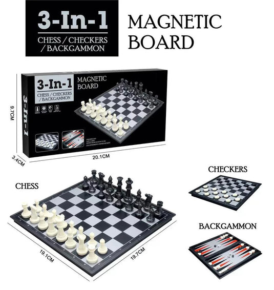 3 in 1 Chess/Checkers/Back Gammon Game w/Magnetic Board, cbx