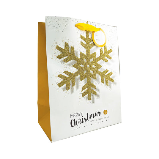 GIFT BAG CMAS GLITTERED GOLD SNOWFLAKE LGE