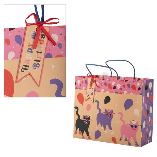 Paper T., DLX Lge Horiz. Gift Bag, Bday Cats, Kraft 210GSM, tag+j-hook
