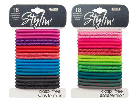 Stylin, 18-PC Thick Ponyholders clasp free,2-tone texture, h/c