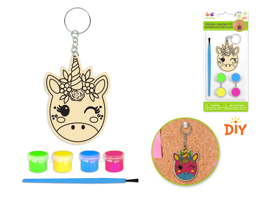 Krafty Kids Kit: DIY Wood Keychain Kit w/4 Paint Pots+Brush C) Unicorn