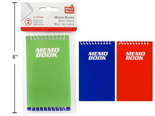 O.WKs. 2-pc @40-Sheets 3x5" Memo Bk w.Coil/2Bu/2Rd/2Gn/(HZ)