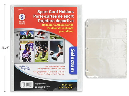 5 PK SPORTS CARD SHEET HOLDERS- HOLDS 9 CARDS/PG 9X11.25" SIZE SHEETS