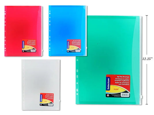 ZIPPER POLY ENVELOPE,LETTER W/PKT ASST CLRS W/ HOLES FOR BINDERS