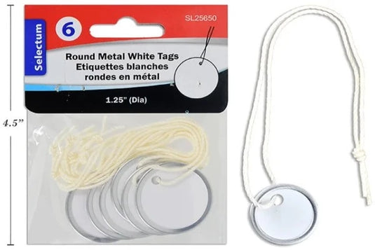 6 PC ROUND METAL WHITE TAGS W/ STRING 1.25"" DIA. 33 MM (KNOTTED STRINGS)