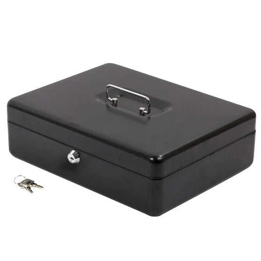 Large Heavy Duty Cash Box w/Lock, 12"Lx9.5"Wx3.5"H, Black w/box