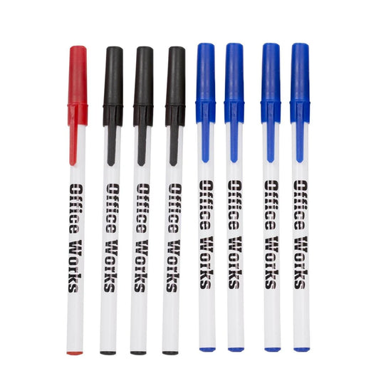 O.WKs.8-pc White Barrel Stick Pens Blue, Black & Red
