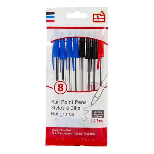 O.WKs. 8-pc 6.25" Ball Pens, 4 black, 3 blue, 1 red(HZ)