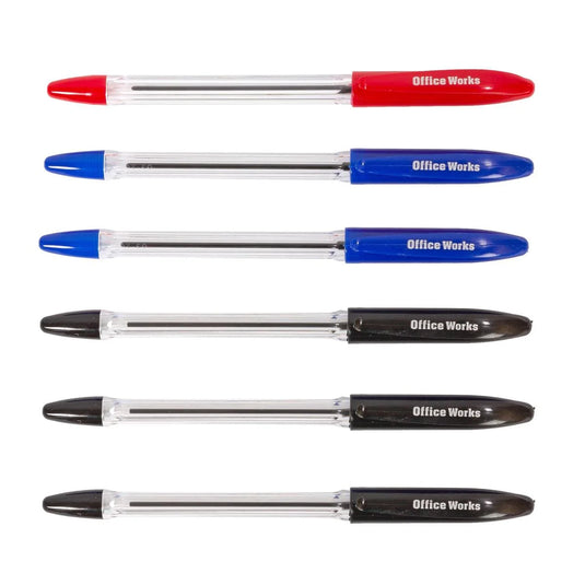 O.WKs. 6-Pc Ball Pens, b/c 1 red, 2 blue, 3 black
