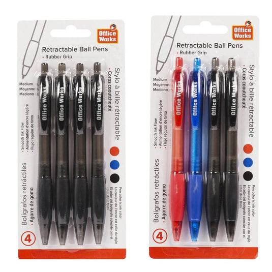 O.WKs. 4-pc Retractable Ballpen, 2 styl, Red,Black&Blue Ink (HZ)