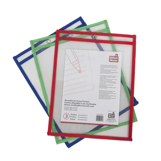 O.WKs 3pk Dry Erase Pockets Reusable , Opp bag, multi colours.