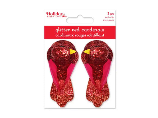 Holiday Decor: 3" Glitter Red Cardinals 2pc w/Gator Clip