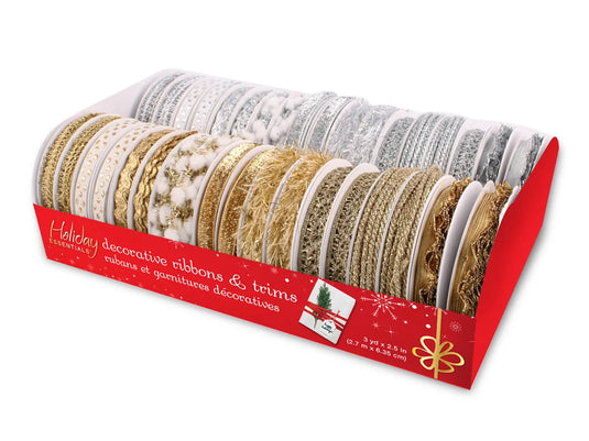 Holiday Ribbons/Trims: 3yds Adornments Asst x36 B) Gold + Silver
